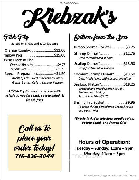 Kiebzak's Restaurant - Buffalo, NY menu_pic