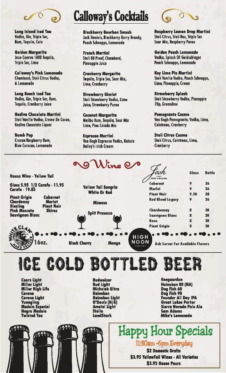 Calloway's Restaurant & Bar - West Creek, NJ menu_pic