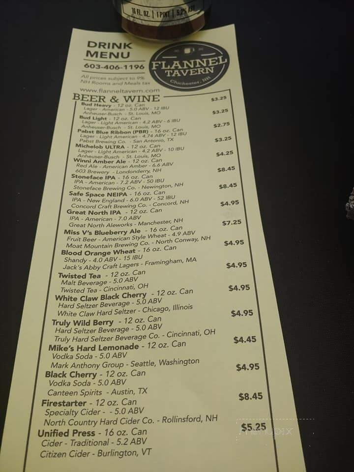 Flannel Tavern - Chichester, NH menu_pic