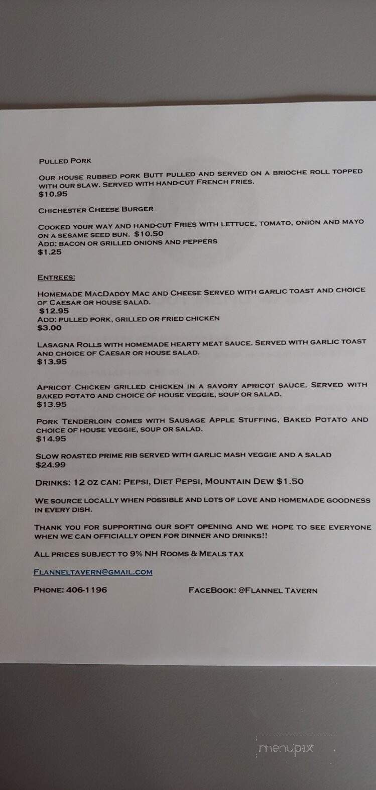 Flannel Tavern - Chichester, NH menu_pic