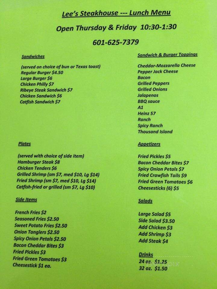 Lee's Steakhouse - Sebastopol, MS menu_pic