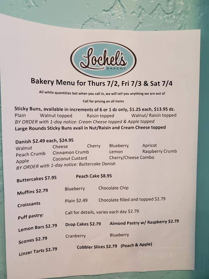 Lochel's Bakery - Hatboro, PA menu_pic