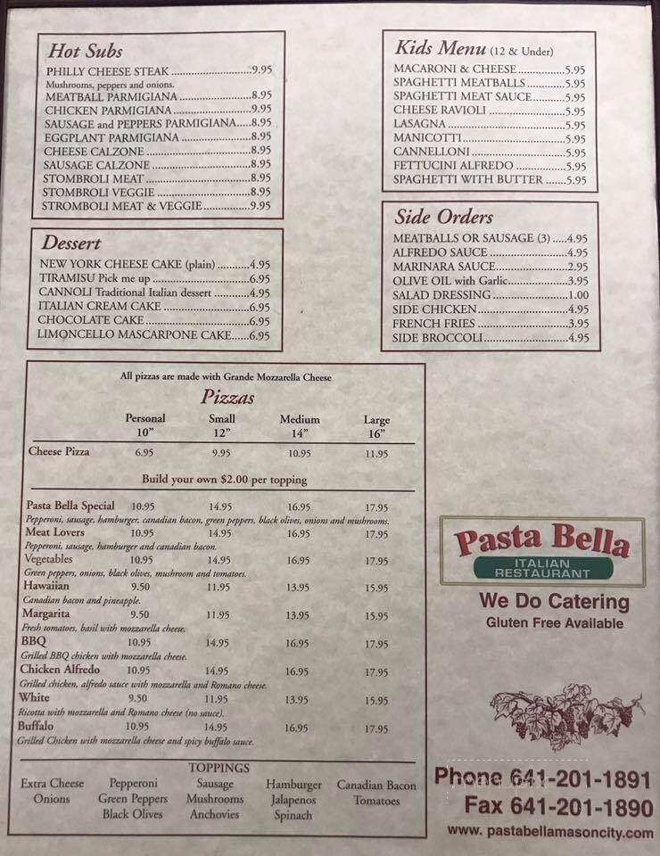 Pasta Bella - Mason City, IA menu_pic