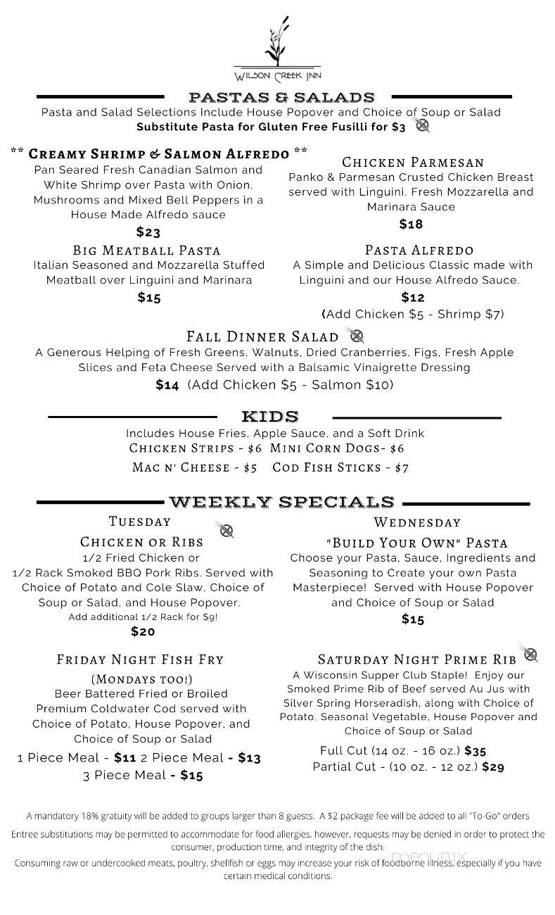 Wilson Creek inn - Menomonie, WI menu_pic