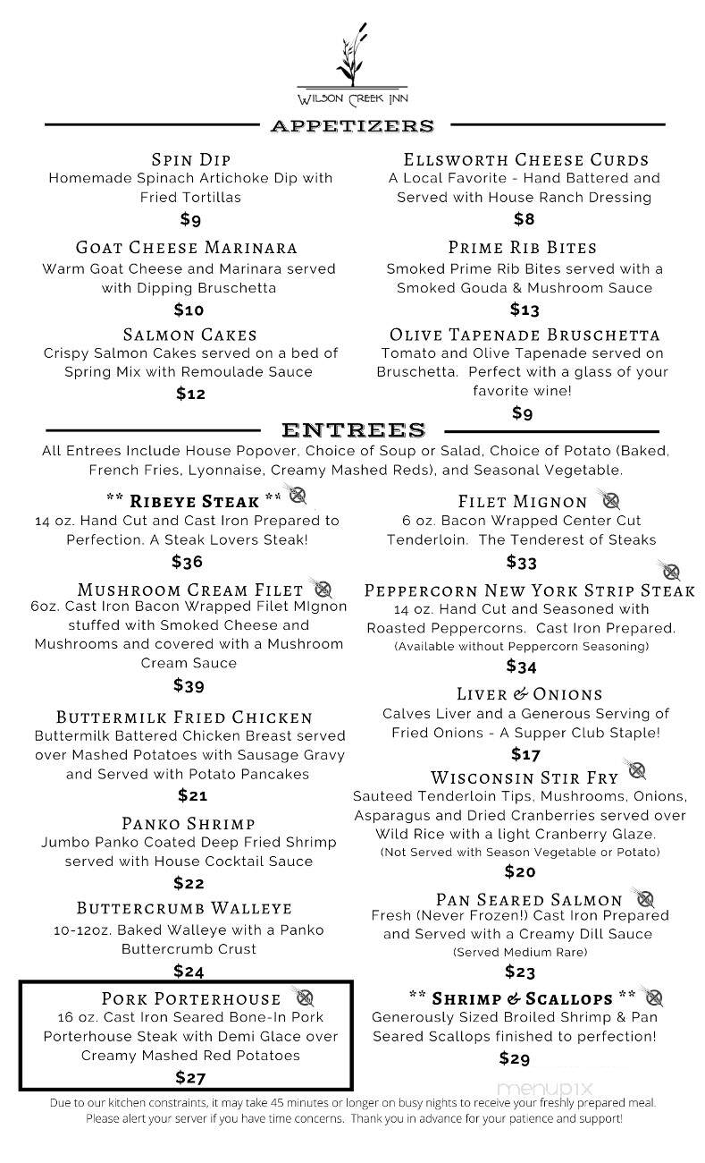 Wilson Creek inn - Menomonie, WI menu_pic