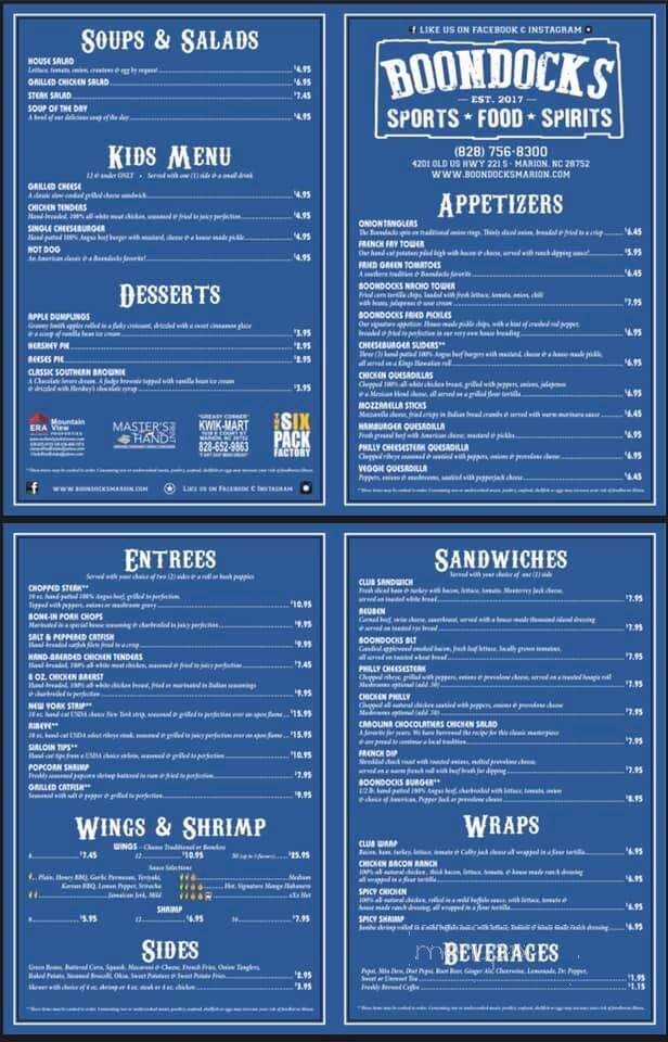 Boondocks Sports Bar & Grill - Marion, NC menu_pic