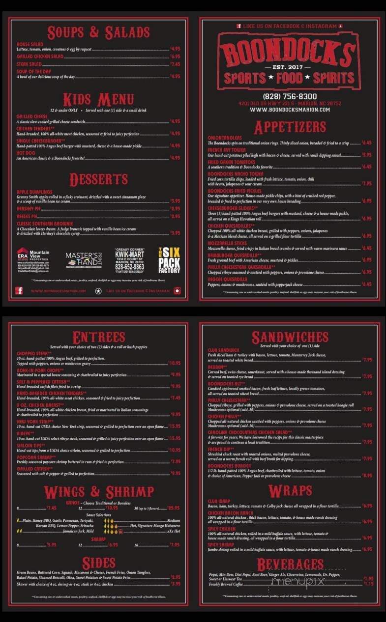 Boondocks Sports Bar & Grill - Marion, NC menu_pic