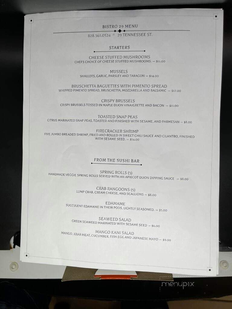 Bistro 29 - Murphy, NC menu_pic