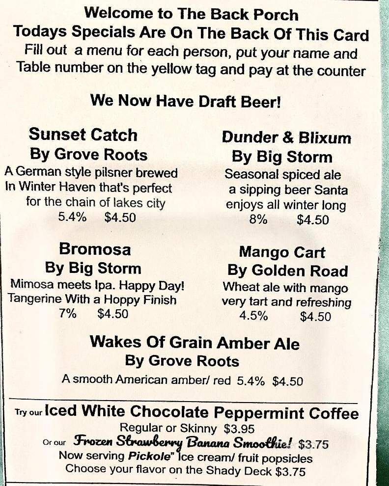 Back Porch - Lake Alfred, FL menu_pic