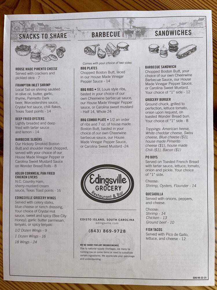 Edingsville Grocery Restaurant & Bar - Edisto Island, SC menu_pic