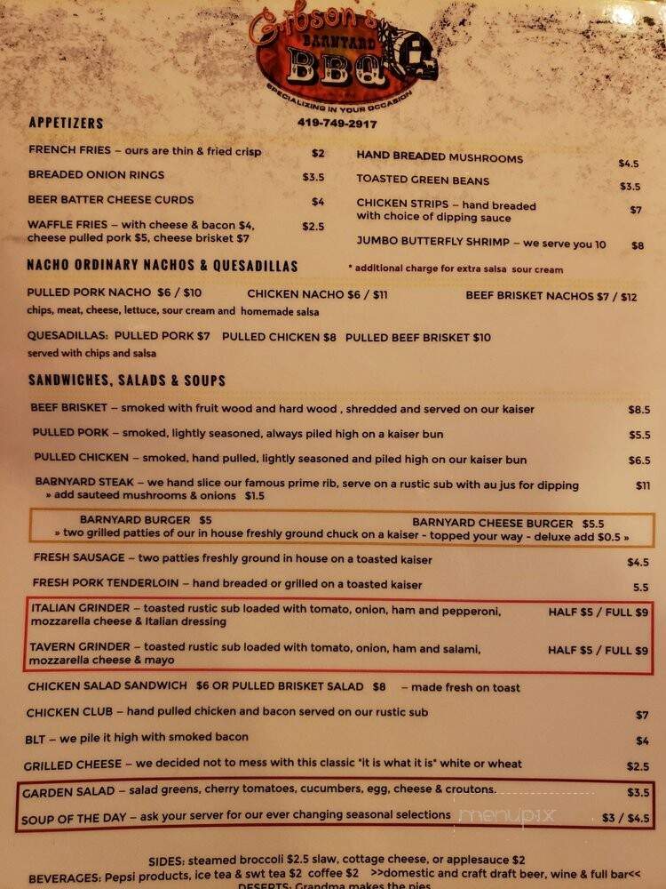 Gibson's Barnyard BBQ - Convoy, OH menu_pic