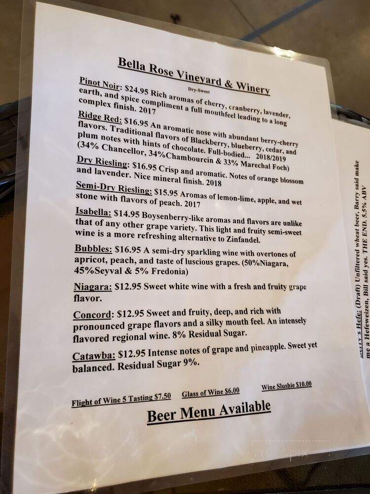 Bella Rose Vineyard & Winery - Lewiston, NY menu_pic