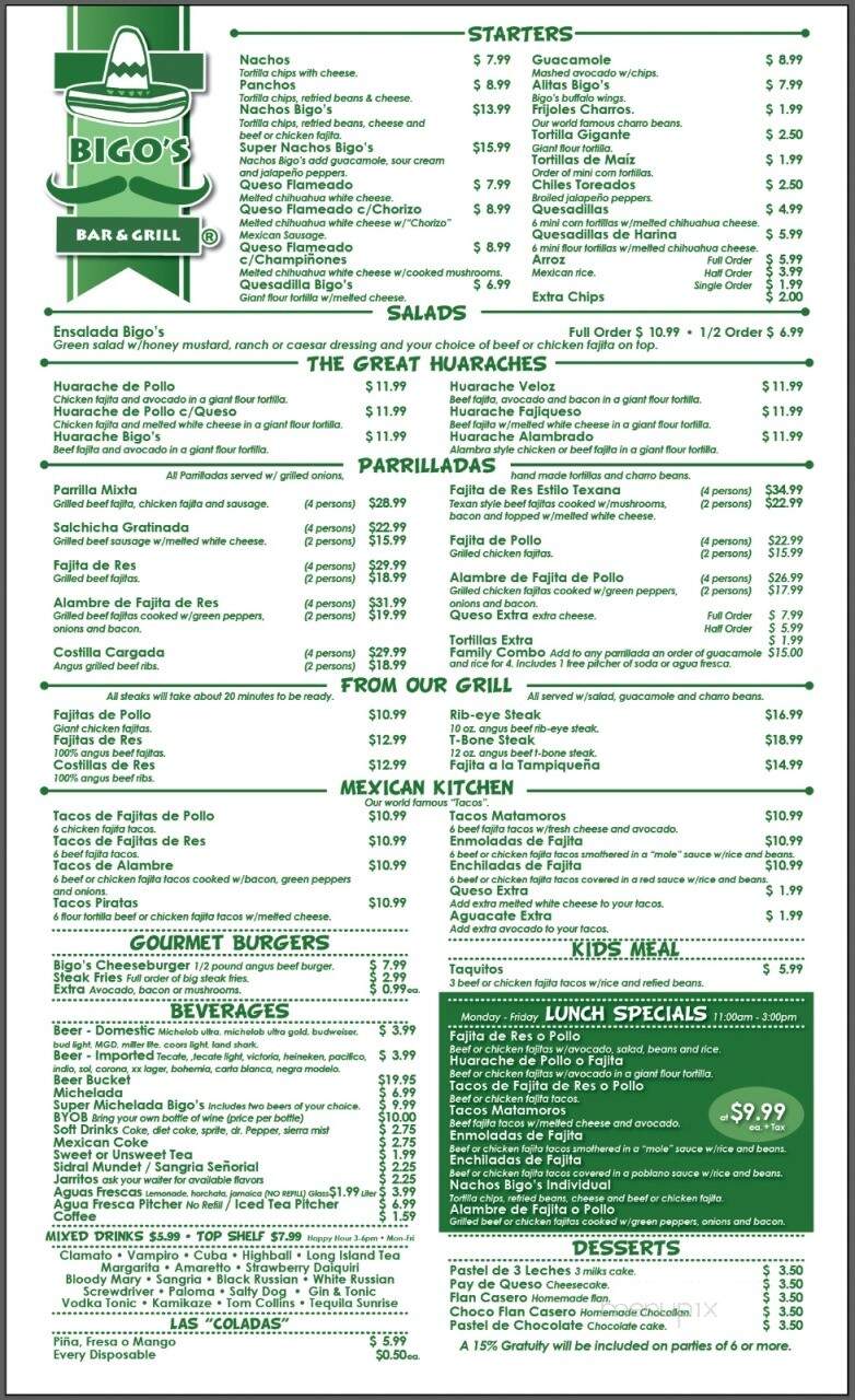 Bigo's Bar & Grill - Brownsville, TX menu_pic