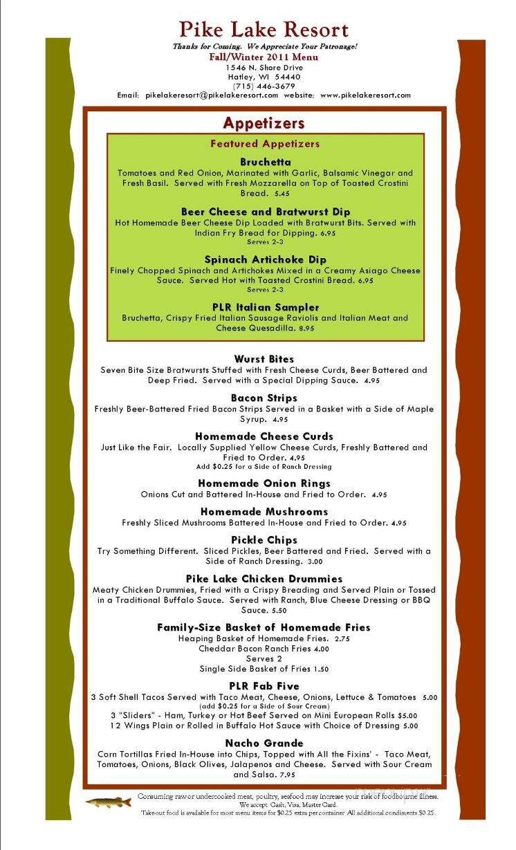 Pike Lake Resort - Hatley, WI menu_pic