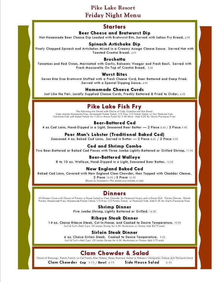 Pike Lake Resort - Hatley, WI menu_pic