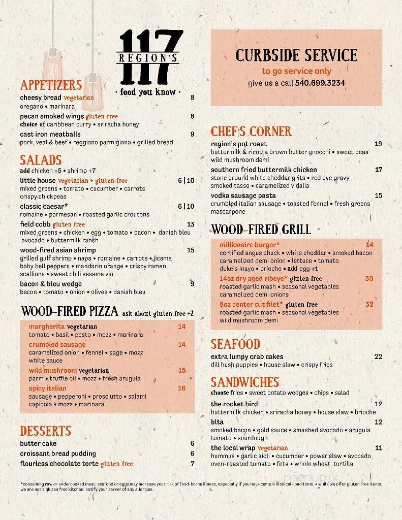 Region's 117 - Lake Frederick, VA menu_pic