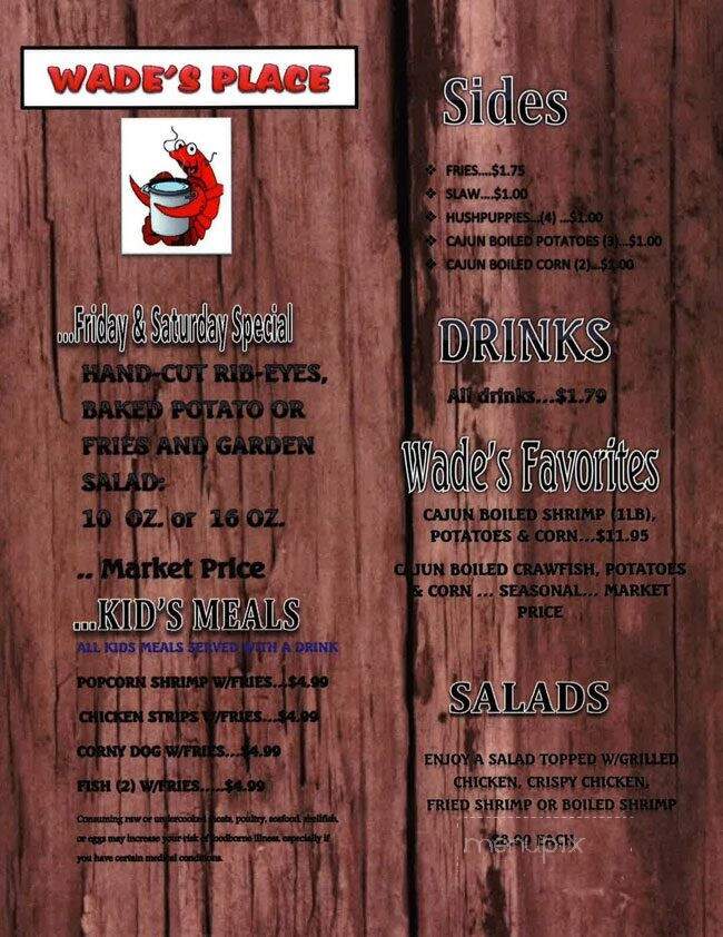 Online Menu of Wade's Place, Chandler, TX