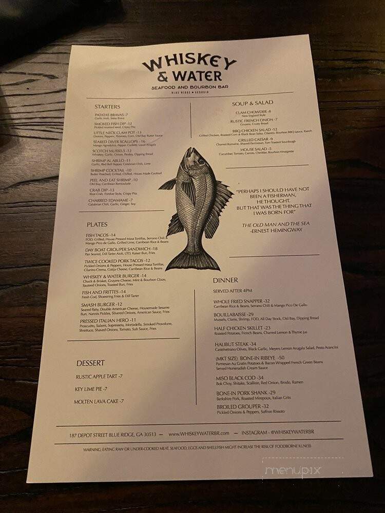 Whiskey & Water - Blue Ridge, GA menu_pic