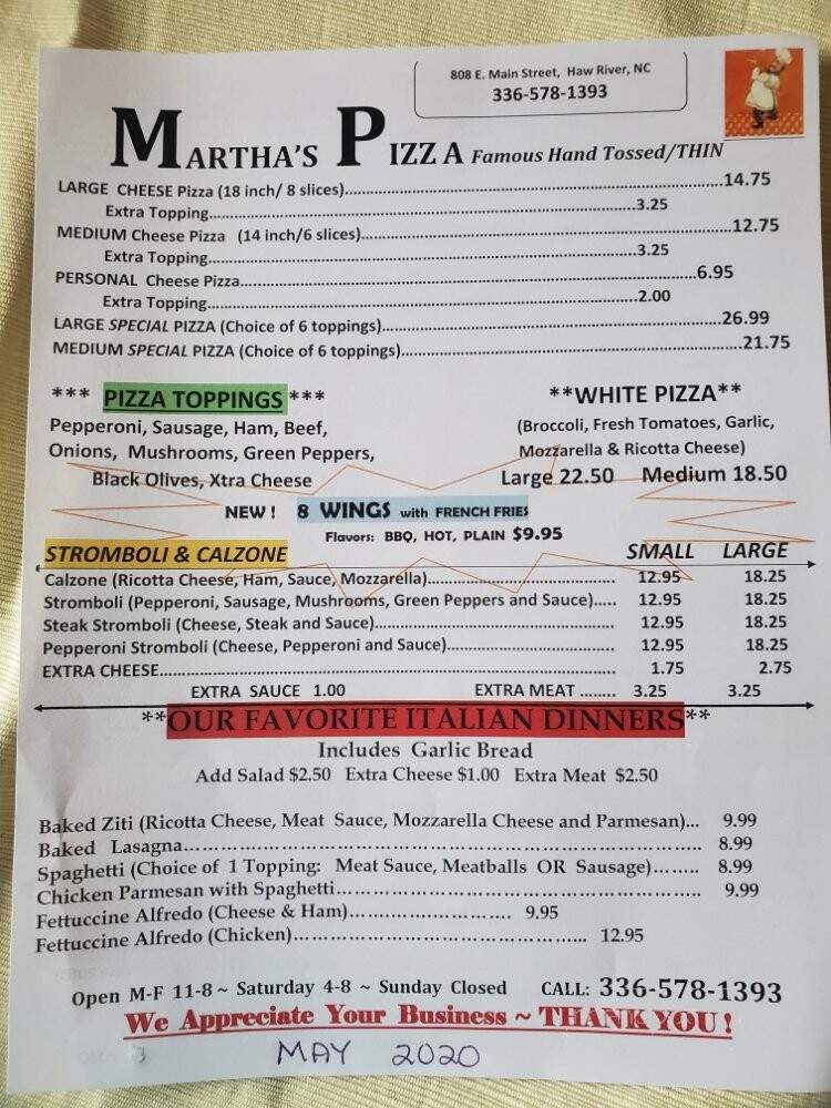 MARTHA's PIZZA - Haw River, NC menu_pic