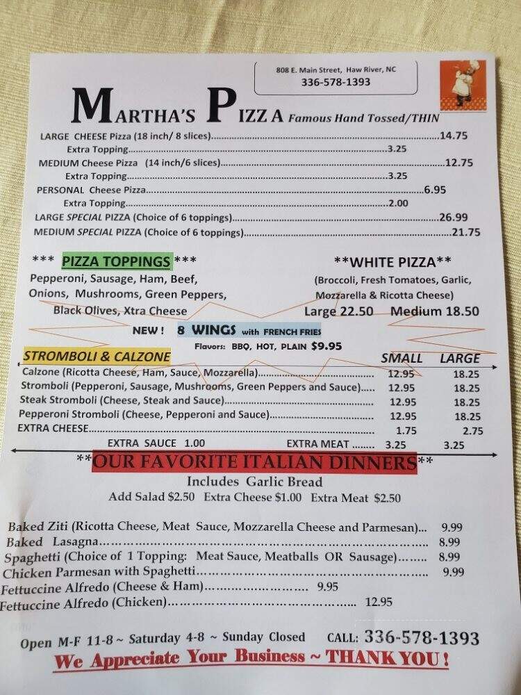 MARTHA's PIZZA - Haw River, NC menu_pic