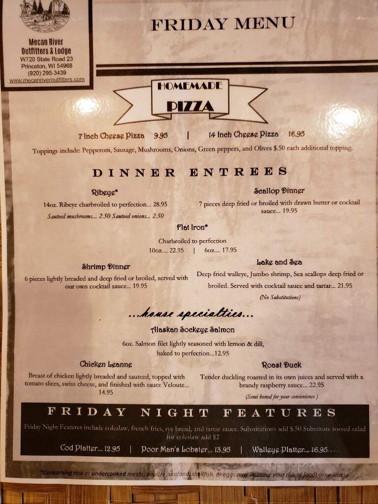 Mecan River Outfitters & Lodge - Princeton, WI menu_pic