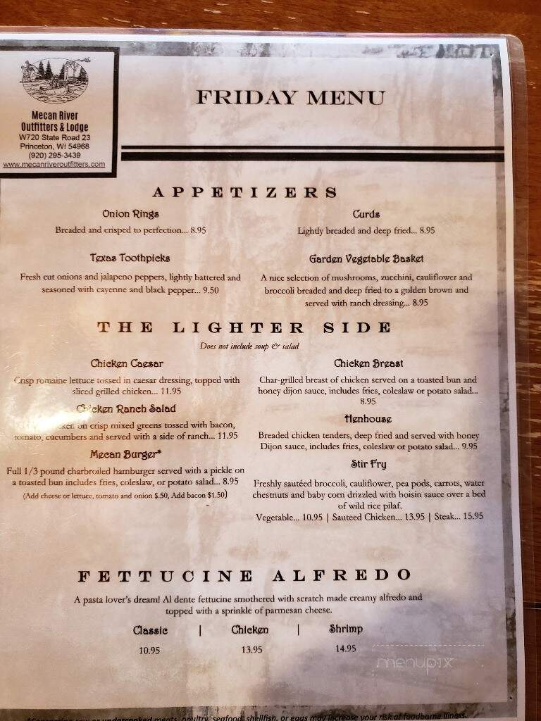 Mecan River Outfitters & Lodge - Princeton, WI menu_pic