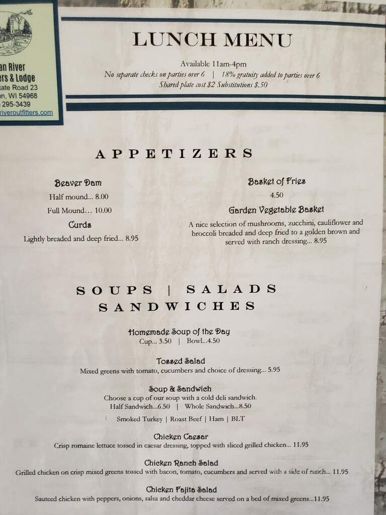 Mecan River Outfitters & Lodge - Princeton, WI menu_pic