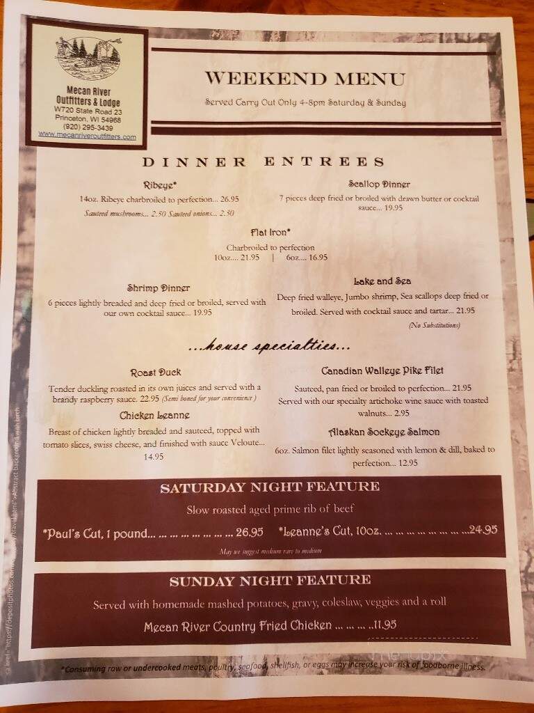 Mecan River Outfitters & Lodge - Princeton, WI menu_pic