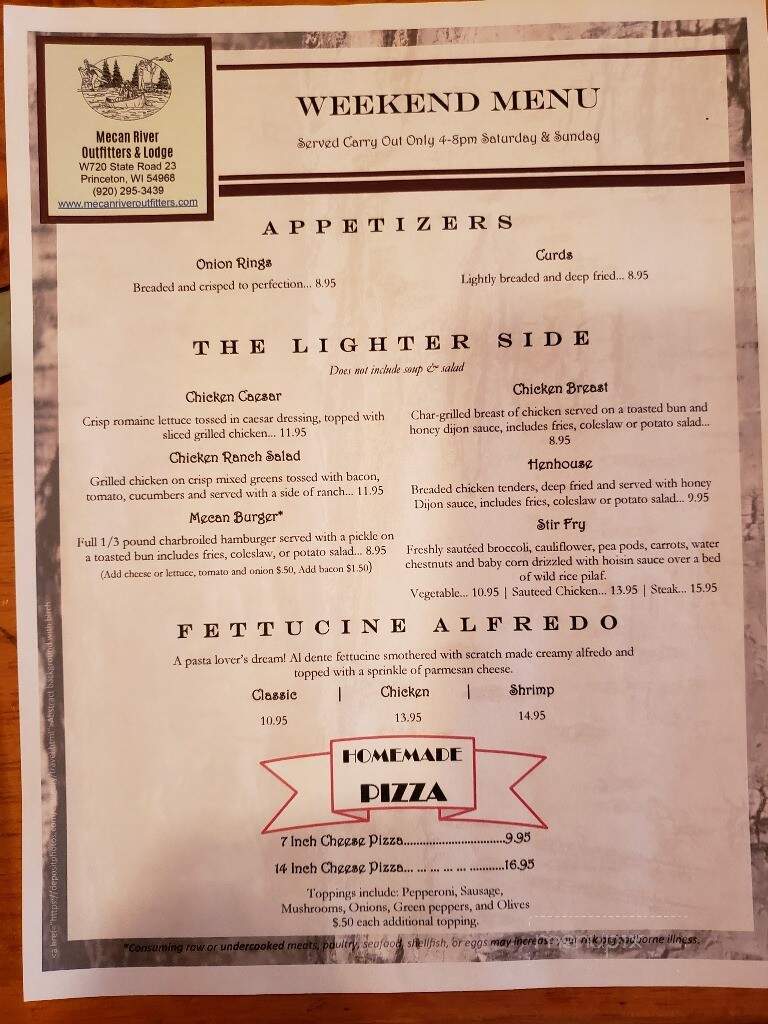 Mecan River Outfitters & Lodge - Princeton, WI menu_pic