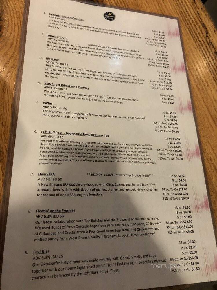 Akronym Brewing - Akron, OH menu_pic