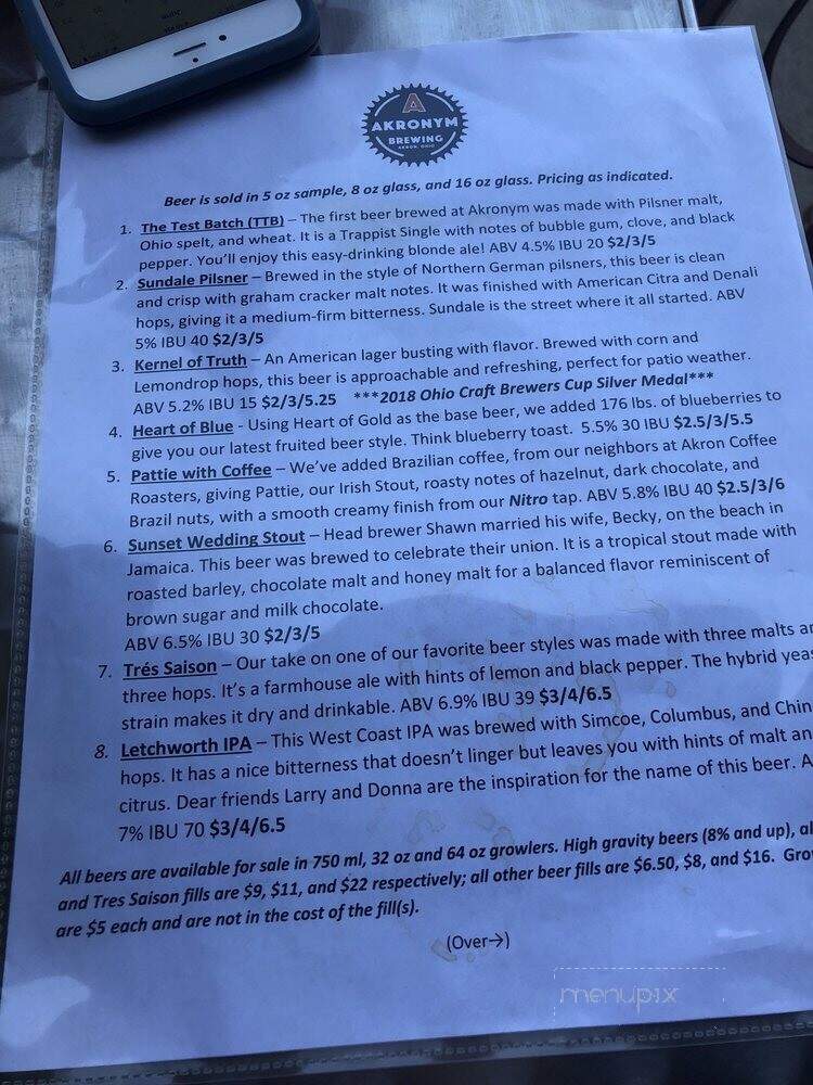 Akronym Brewing - Akron, OH menu_pic