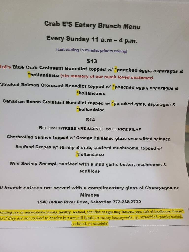 Crab E Bills Indian River Seafood - Sebastian, FL menu_pic