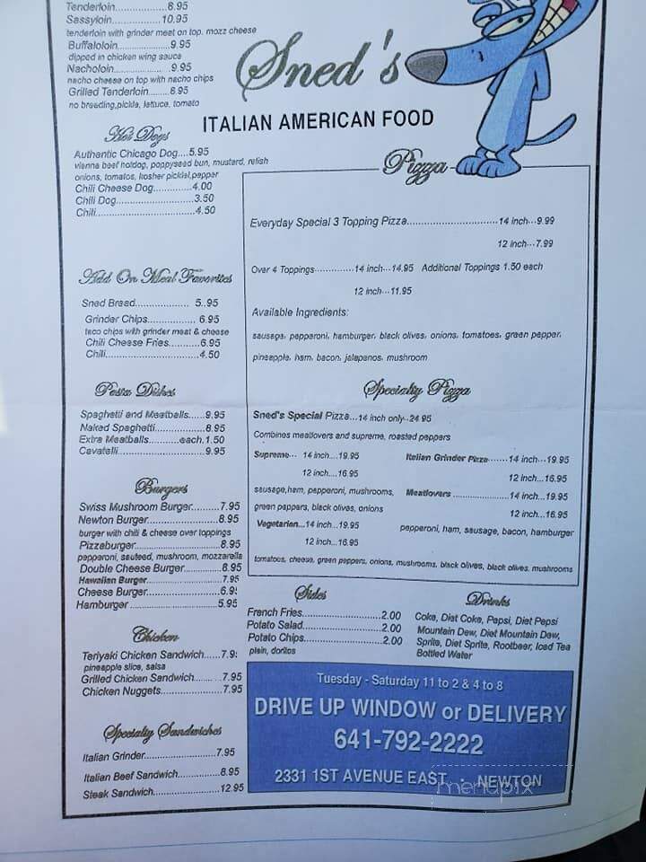 Sned's Raceway Cafe - Newton, IA menu_pic