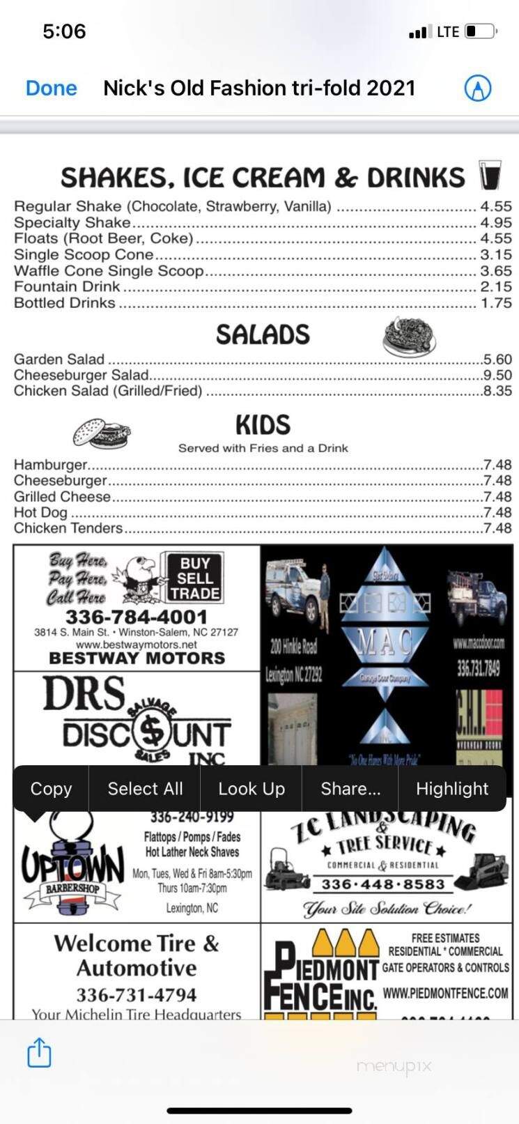 Nick's Old Fashioned Hamburger House - Welcome, NC menu_pic