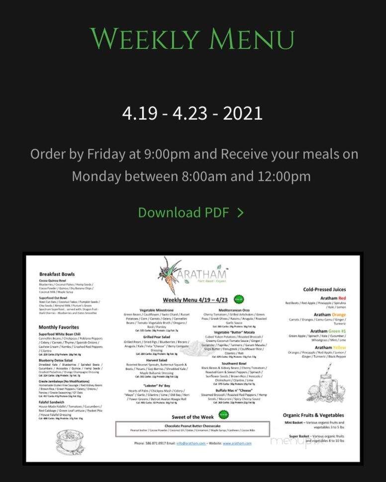 Aratham Gourmet To Go - Troy, MI menu_pic