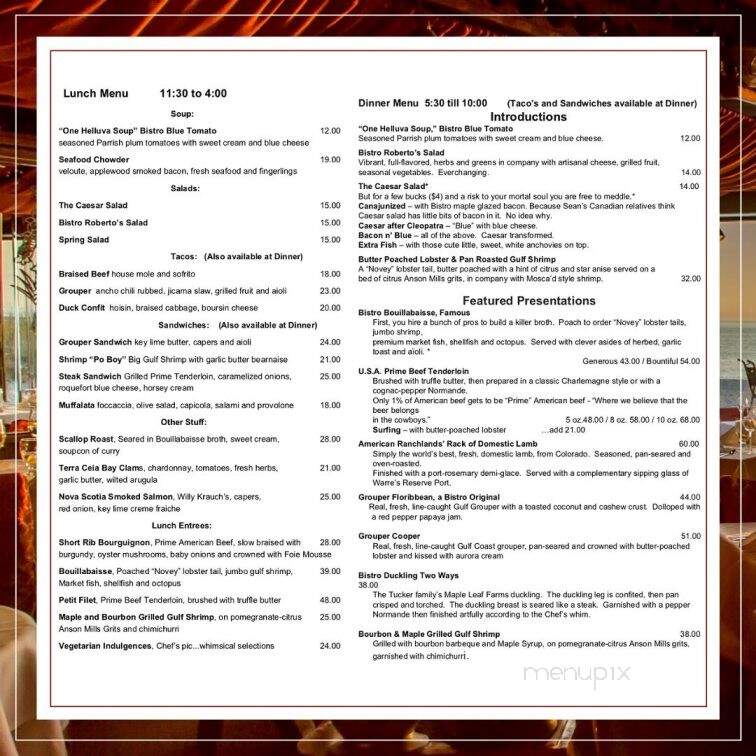Beach Bistro - Holmes Beach, FL menu_pic