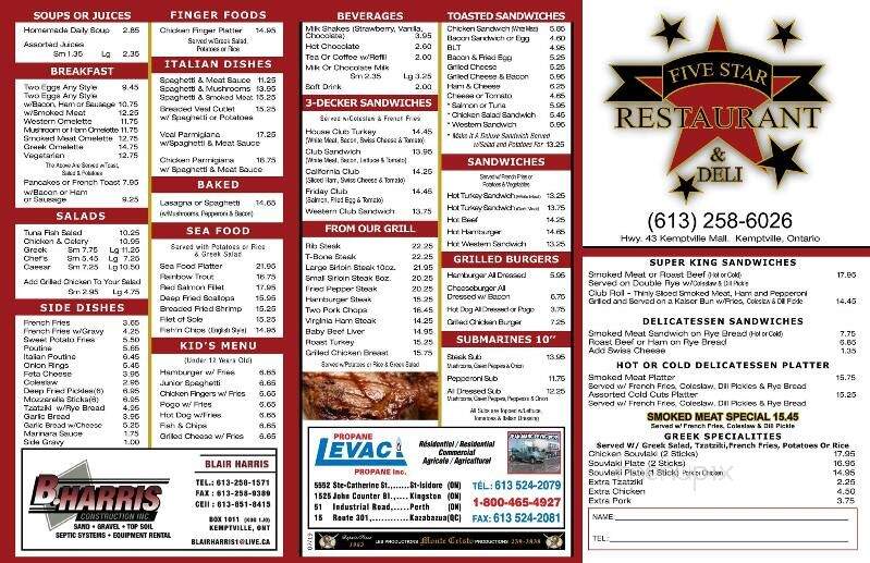 Five Star Restaurant - Kemptville, ON menu_pic