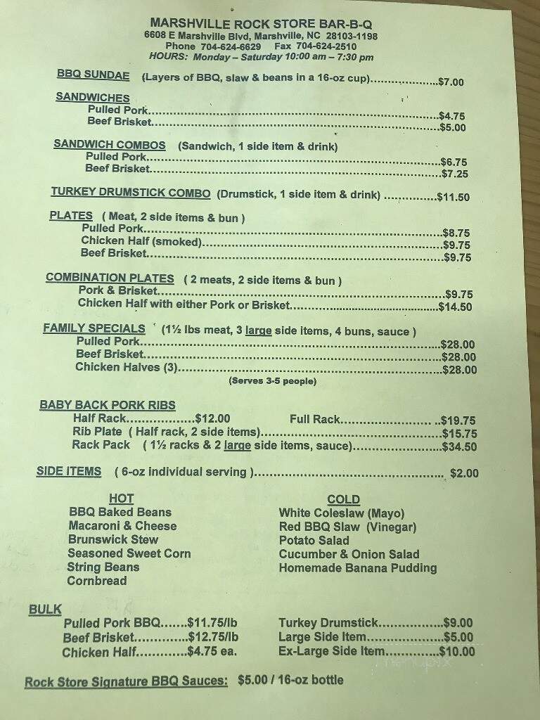 Marshville Rock Store Bar-B-Q - Marshville, NC menu_pic