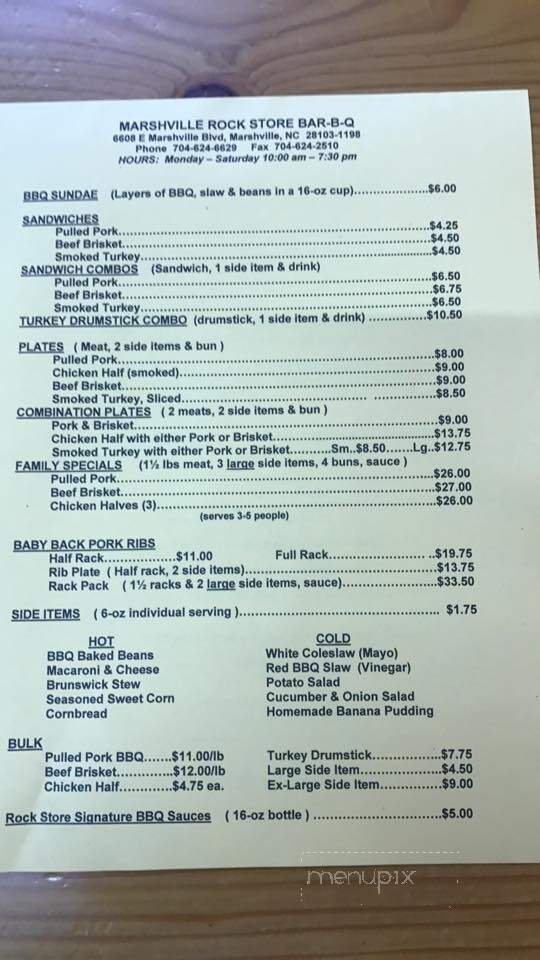 Marshville Rock Store Bar-B-Q - Marshville, NC menu_pic