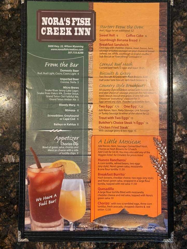Nora's Fish Creek Inn - Wilson, WY menu_pic