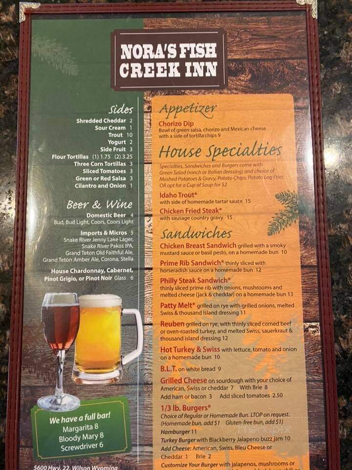 Nora's Fish Creek Inn - Wilson, WY menu_pic