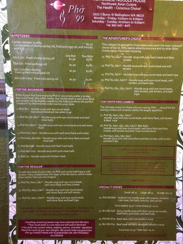 Pho 99 - Bellingham, WA menu_pic