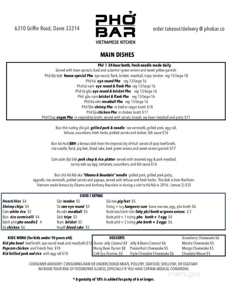Pho Bar Vietnamese Kitchen - Davie, FL menu_pic