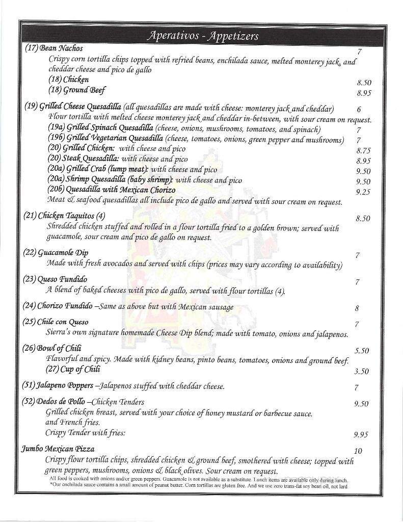 Sierra's Grill & Taqueria - Beltsville, MD menu_pic