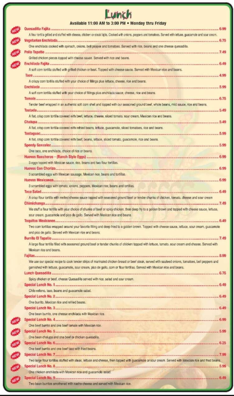 El Tapatio - Madill, OK menu_pic