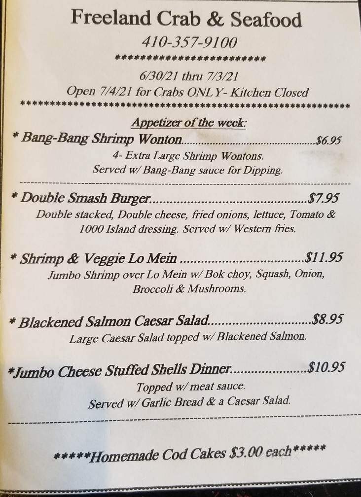 Freeland Crab and Seafood - Freeland, MD menu_pic