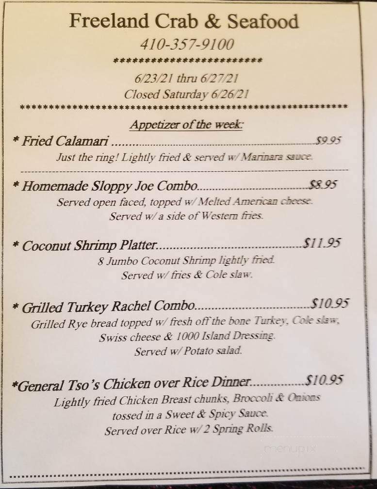 Freeland Crab and Seafood - Freeland, MD menu_pic