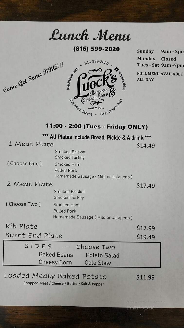 Lueck's BBQ & General Store - Grandview, MO menu_pic