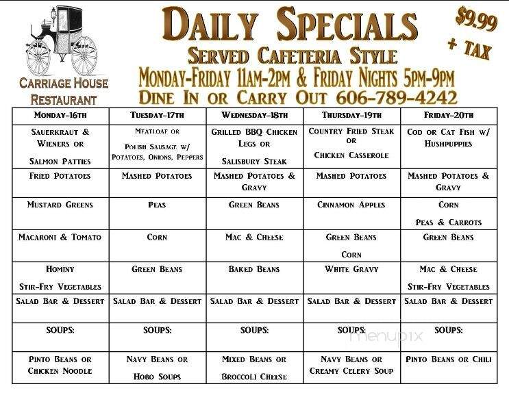 Carriage House Restaurant - Paintsville, KY menu_pic