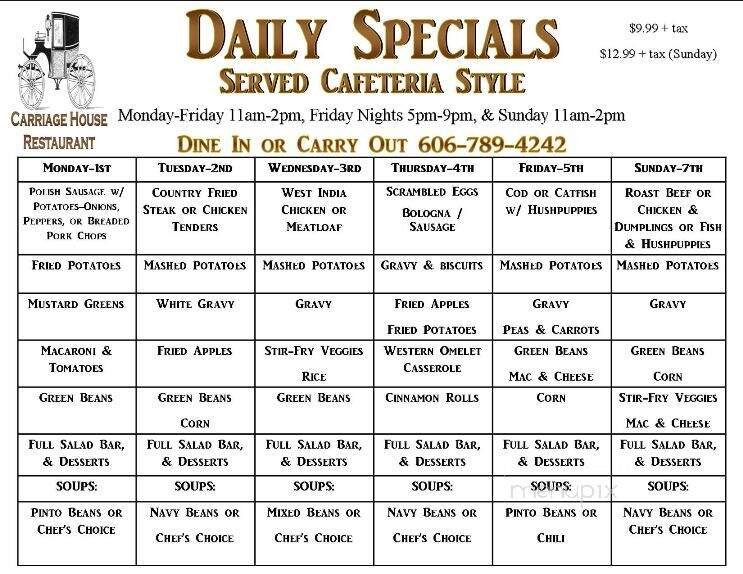 Carriage House Restaurant - Paintsville, KY menu_pic